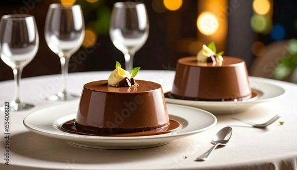Fototapeta Chocolate pudding at plate with vanilla topping