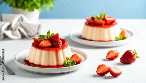 Fototapeta Strawberry pudding at plate with vanilla topping