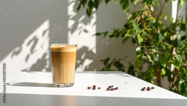 Fototapeta glass of coffee latte with latte art on natural lighting