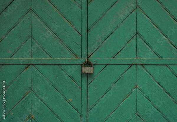 Fototapeta Green Wooden Gate With a Central Padlock Securing Its Two Panels