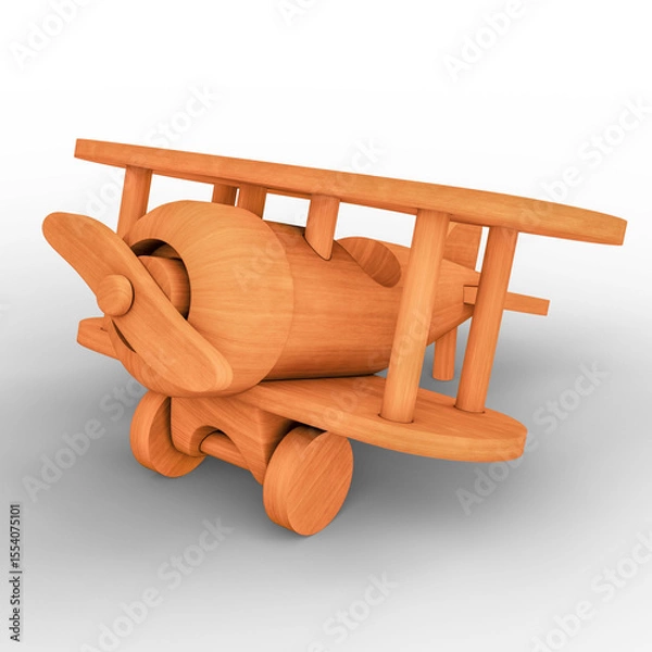 Fototapeta Rendered Wooden Airplane Toy Displayed on White Background. 3D Illustration. File with Clipping Path