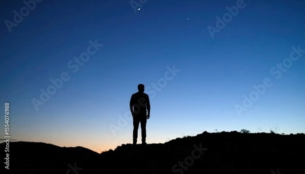 Fototapeta Silhouette Of Person On Hilltop At Twilight