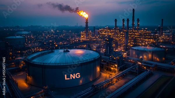 Fototapeta Vast Industrial Complex Featuring Massive LNG Storage Tank for Liquefied Natural Gas at Cryogenic Temperatures, Showcasing Modern Energy Infrastructure and Advanced Fuel Storage Facilities. 48587385 4