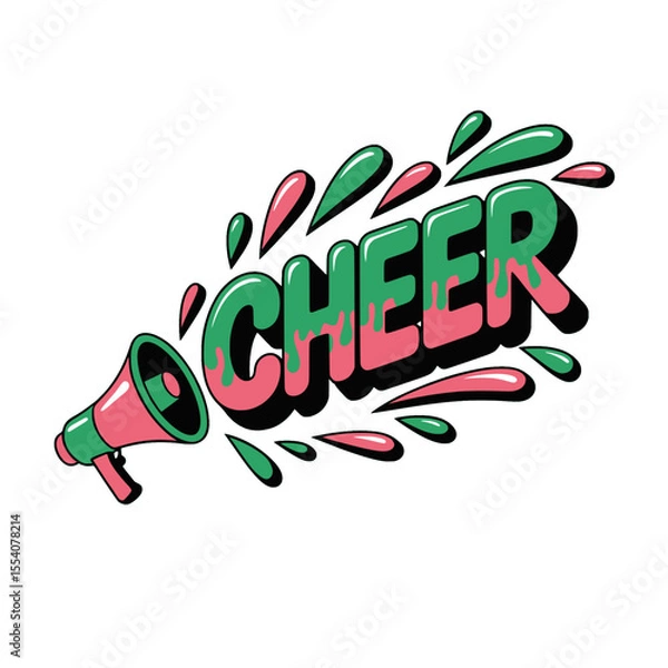 Fototapeta Cheer text graphic with megaphone icon, Colorful dripping "CHEER" word art with green and pink gradient effect and loud megaphone illustration for energetic messages.
