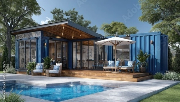 Fototapeta Modern, blue shipping container home with pool and deck