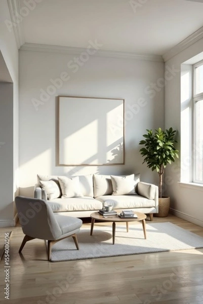 Fototapeta Serene Minimalist Living Room Design with Large Blank Canvas, Soft Light, and Wooden Accents