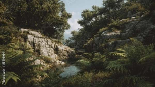 Fototapeta Tranquil wilderness stream with fern-covered rocks and lush foliage scenery