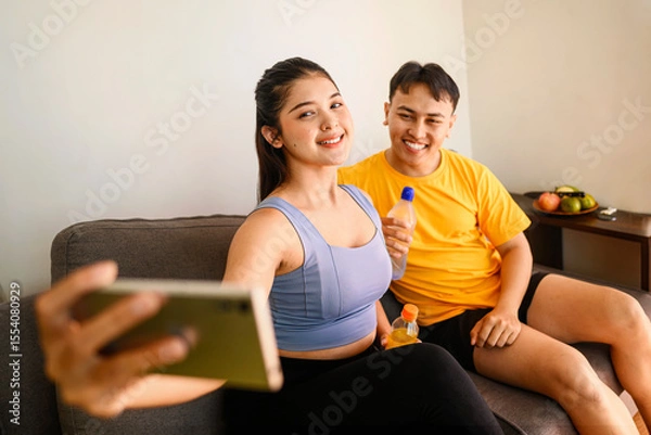 Fototapeta Indonesian southeast asian couple drinking water while taking a selfie or video call with their cellphone after finishing a home body workout exercise session. Fitness and active lifestyles concept
