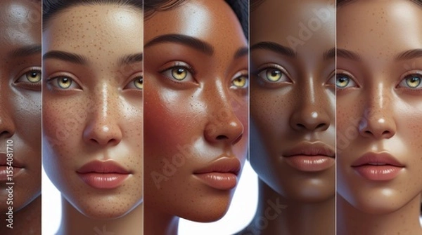 Fototapeta Ultra-high detail, close-up portrait grid of six faces, each representing a distinct ethnicity, with nuanced, natural skin tones and textures, showcasing subtle, warm glows and delicate freckles that 