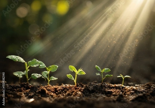 Fototapeta Young sprouts emerging from soil, bathed in sunlight