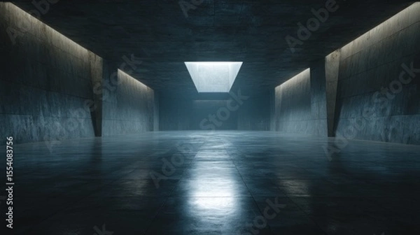 Fototapeta Dramatic architectural space featuring a luminous skylight in dark concrete