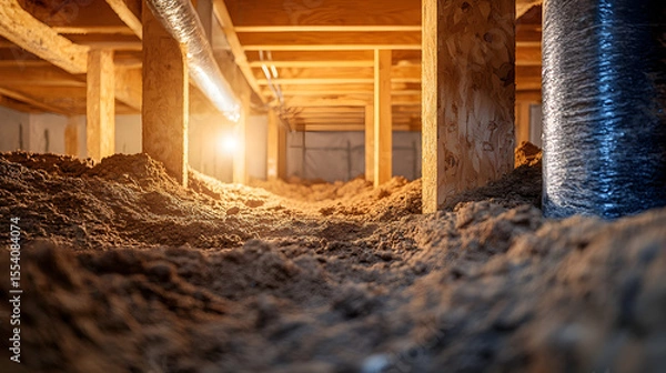 Fototapeta Crawl Space with Exposed Soil and Wooden Beams Showing Signs of Moisture Damage, Mold Growth, and Structural Deterioration, Emphasizing Urgent Need for Repair and Professional Mold Remediati85213758 3