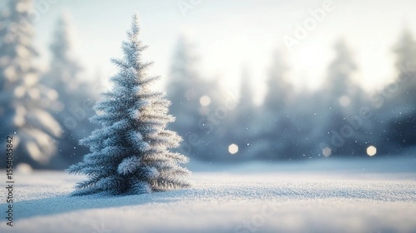 Fototapeta Solitary Frosted Fir Tree in a Softly Blurred Winter Landscape Scene
