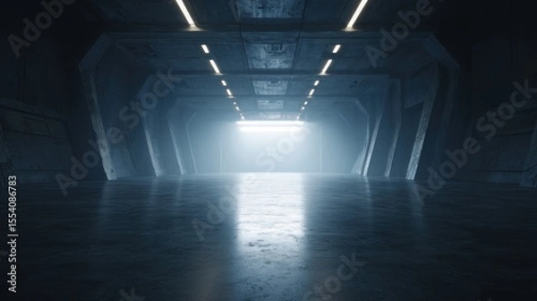 Fototapeta Symmetrical concrete tunnel with illuminated path for a futuristic concept