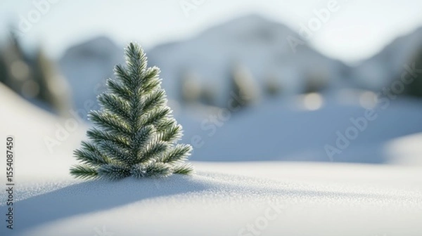 Fototapeta Solitary fir seedling covered with frost in snow landscape on a cold day
