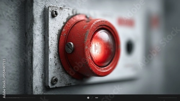 Fototapeta Industrial emergency stop button with a weathered appearance and a prominent red light