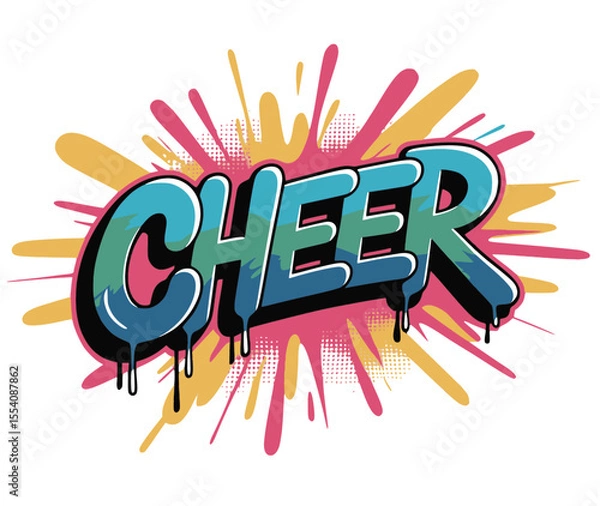 Fototapeta Graffiti cheer text with paint splash, Vibrant graffiti-style "CHEER" word art with dripping blue letters and colorful spray paint splash
