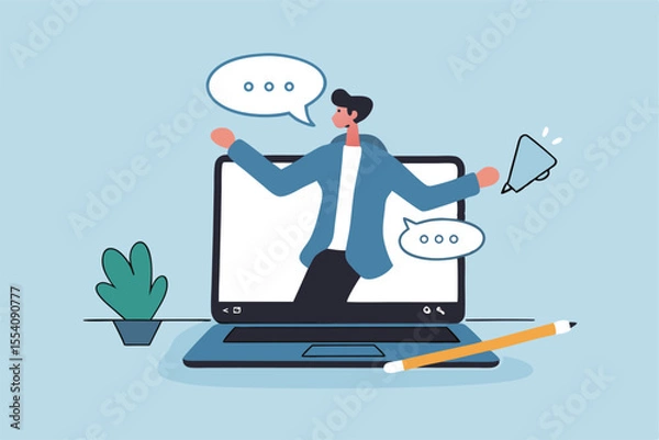 Fototapeta Online video interview, meeting discussion or teaching e-learning, job interview or employment, talk or chat with colleague, conference call, businessman talking on computer laptop online interview.
