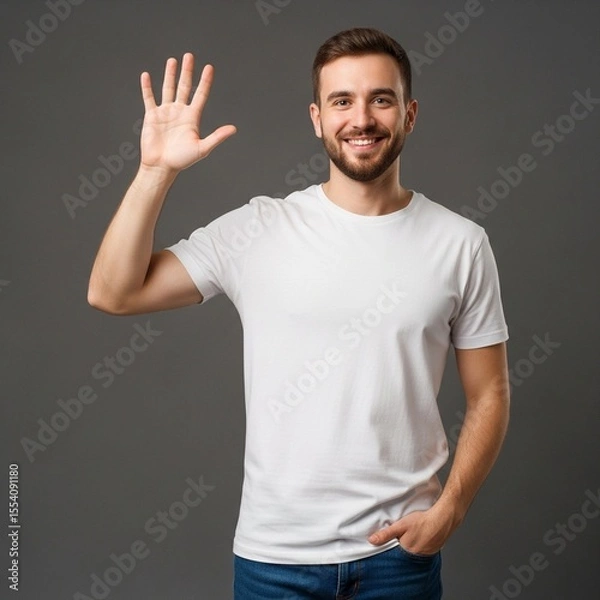 Fototapeta Smiling Man Showing Number Five Hand Gesture on  Background