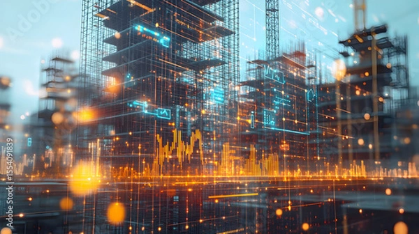 Fototapeta Construction Site with Transparent Digital Graphs and Financial Charts Overlay Representing Expense Tracking, Budget Management, Cost Analysis, and Financial Monitoring in Construction Proje34578990 3