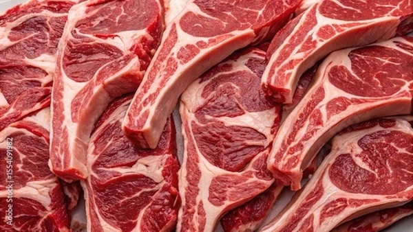 Obraz Raw ribeye tomahawk steaks background. Suitable for marketing or business purposes. Panoramic banner with place for text