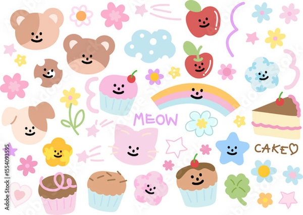 Fototapeta Cute vector illustrations of teddy bear, cat, puppy, butterfly, cupcake, rainbow, apple, flower, clover leaf for decorations, cartoon, characters, comic, stickers, fruit, brooch, birthday card, summer