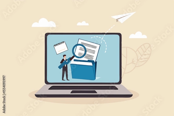 Fototapeta File management or documents archive, computer data backup or virus scan, online cloud storage or search for files concept, businessman with magnifying glass search for file in folder computer laptop.