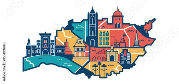 Fototapeta Colorful vector illustration of an abstract city landscape with various buildings in a stylized cartographic design.
