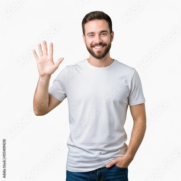 Fototapeta Smiling Man Showing Number Five Hand Gesture on  Background