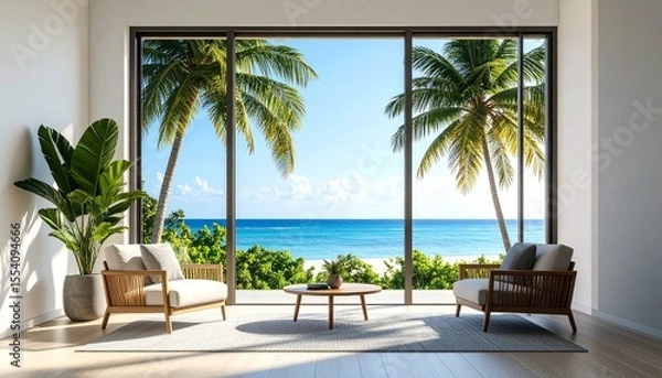 Fototapeta Luxurious Living Room With Ocean View And Palm Trees In Tropical Paradise