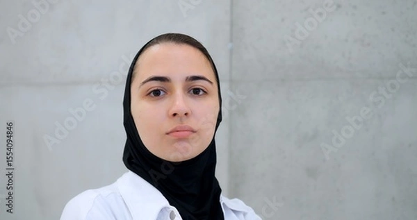 Obraz Professional muslim female healthcare worker wearing hijab and white coat, standing against concrete wall, displaying confident facial expressions while facing camera