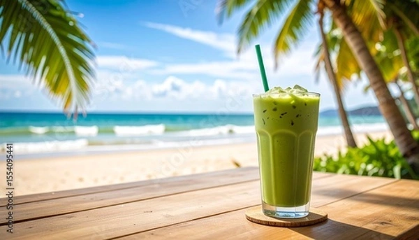 Fototapeta Refreshing Green Matcha Drink on a Tropical Beach with Palm Trees and Ocean Waves