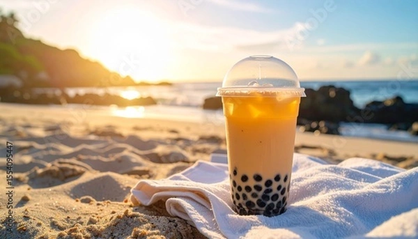 Fototapeta Refreshing Bubble Tea On A Sandy Beach At Sunset With Ocean Waves