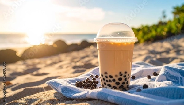Fototapeta Refreshing Bubble Tea Enjoyment on a Sandy Beach During Golden Hour Sunset