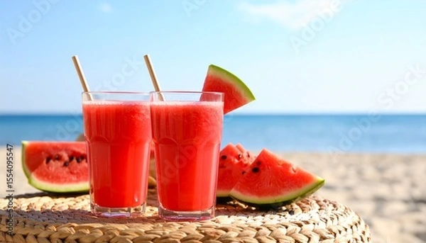 Fototapeta Refreshing Watermelon Juice Drinks on a Beach Table with Ocean Background and Slices of Fruit