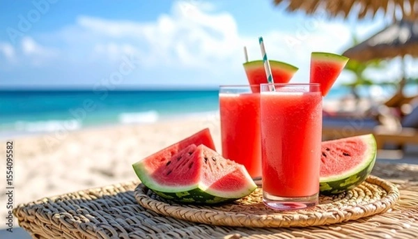 Fototapeta Refreshing Watermelon Juice Refreshment on a Tropical Beach Paradise