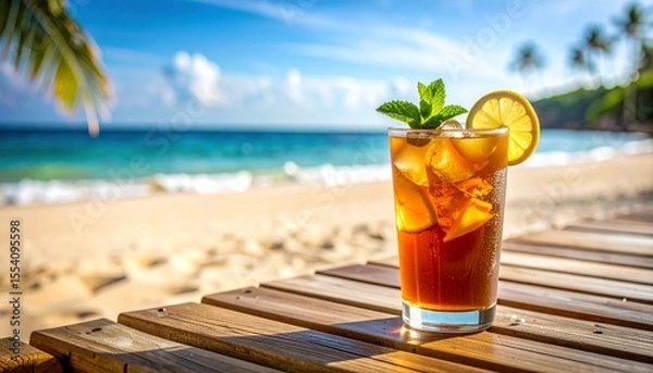 Fototapeta Refreshing Iced Tea on a Tropical Beach with Palm Trees and Ocean Waves