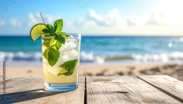 Fototapeta Refreshing Mojito Cocktail on a Wooden Table with a Beautiful Beach and Ocean Background
