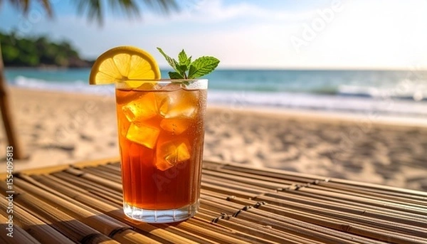 Fototapeta Refreshing Iced Tea with Lemon and Mint on a Tropical Beach Oasis
