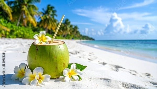 Fototapeta Refreshing Coconut Drink on a Tropical Beach with White Sand and Palm Trees