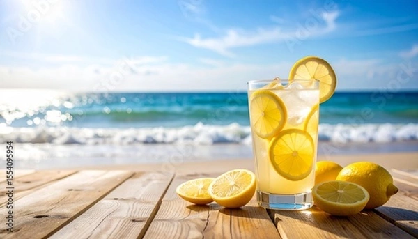 Fototapeta Refreshing lemon drink on a wooden table by the ocean shore on a sunny day