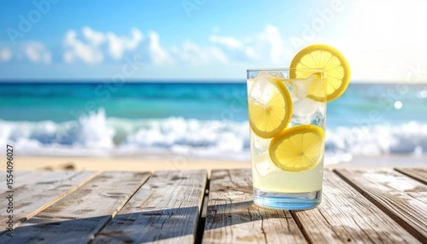 Fototapeta Refreshing Lemonade on a Wooden Table Overlooking a Tropical Beach Ocean