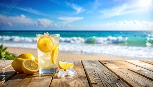 Fototapeta Refreshing Lemonade Drink on a Sunny Beach with Ocean Waves and Blue Sky