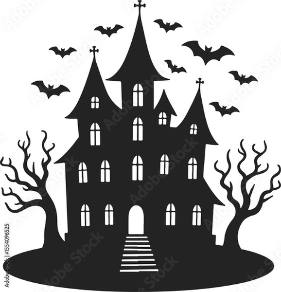 Fototapeta Spooky silhouette of a haunted mansion with bats and bare trees on halloween night