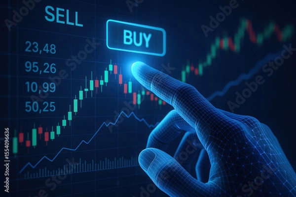 Fototapeta AI in energy trading concept with digital hand pointing at buy button on stock market chart for smart investment