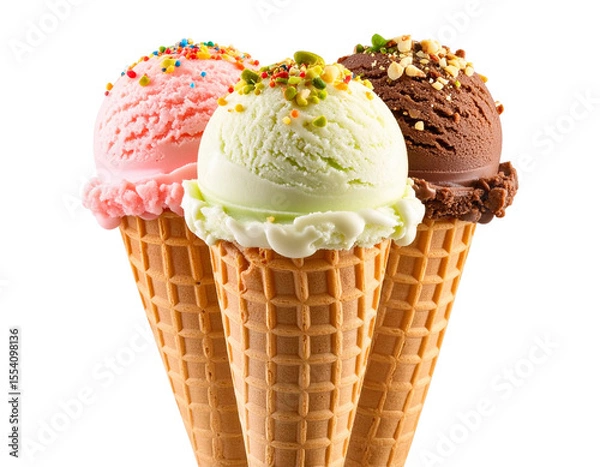 Fototapeta Triple-Scoop Ice Cream Cone with Mixed Flavors and Dripping Toppings, isolated on a transparent background.