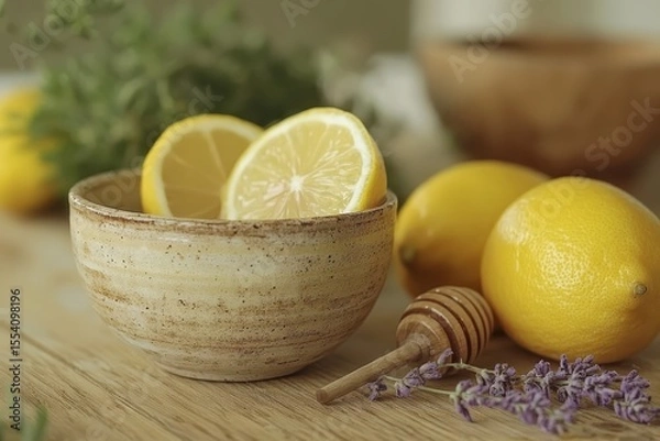 Fototapeta Lemons in a rustic bowl with honey and lavender on wooden table. Perfect for blog about healthy food or lemonade recipe.