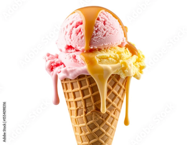 Fototapeta Melting Ice Cream Cone with Colorful Drips, Top-Down View, isolated on a transparent background.