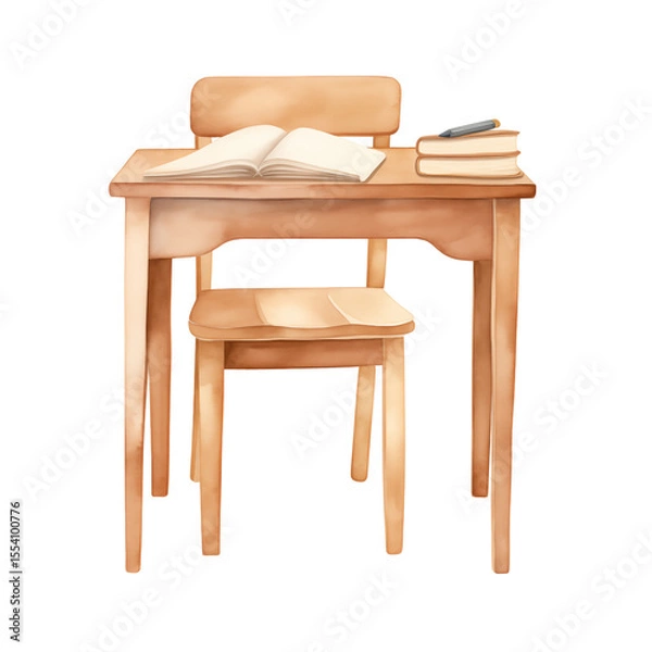 Obraz A watercolor illustration of a school desk and chair set. Ideal for educational design elements and back-to-school materials.