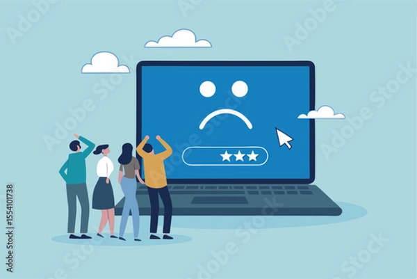 Fototapeta Computer outage, error or failure causing by software update mistake, operating system crash or cyber attack, server down or technical issue concept, people victims looking at computer laptop outage.